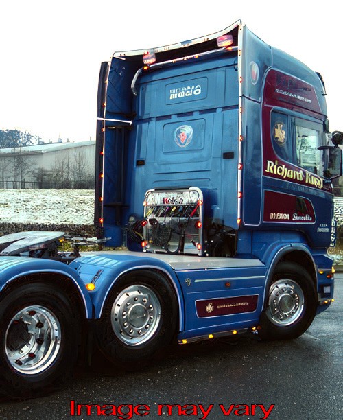 Stainless Steel SideStrips for Scania R2 V8 6x2 | Wheelbase 4050mm | 4 Amber LEDs | Exhaust Under Truck